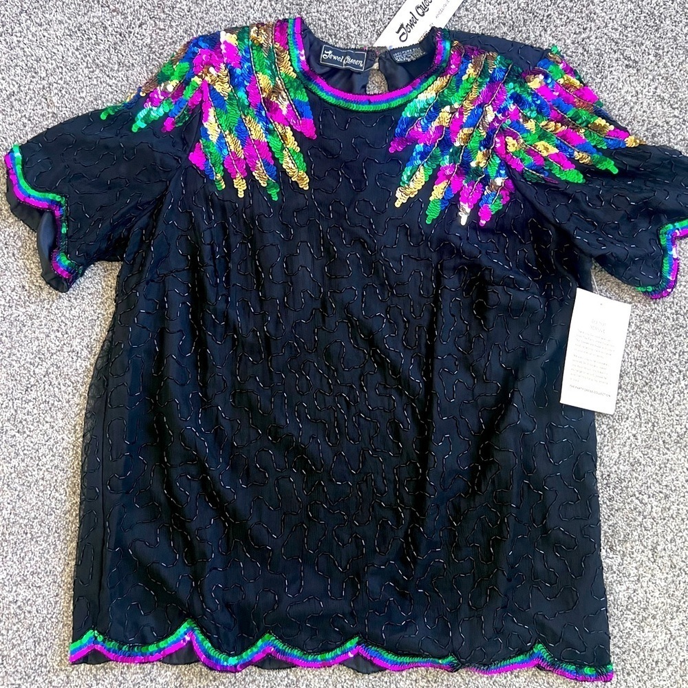 Vintage Double Queen 100% Pure Silk Handmade Sequin Short Sleeve Top In Size XL